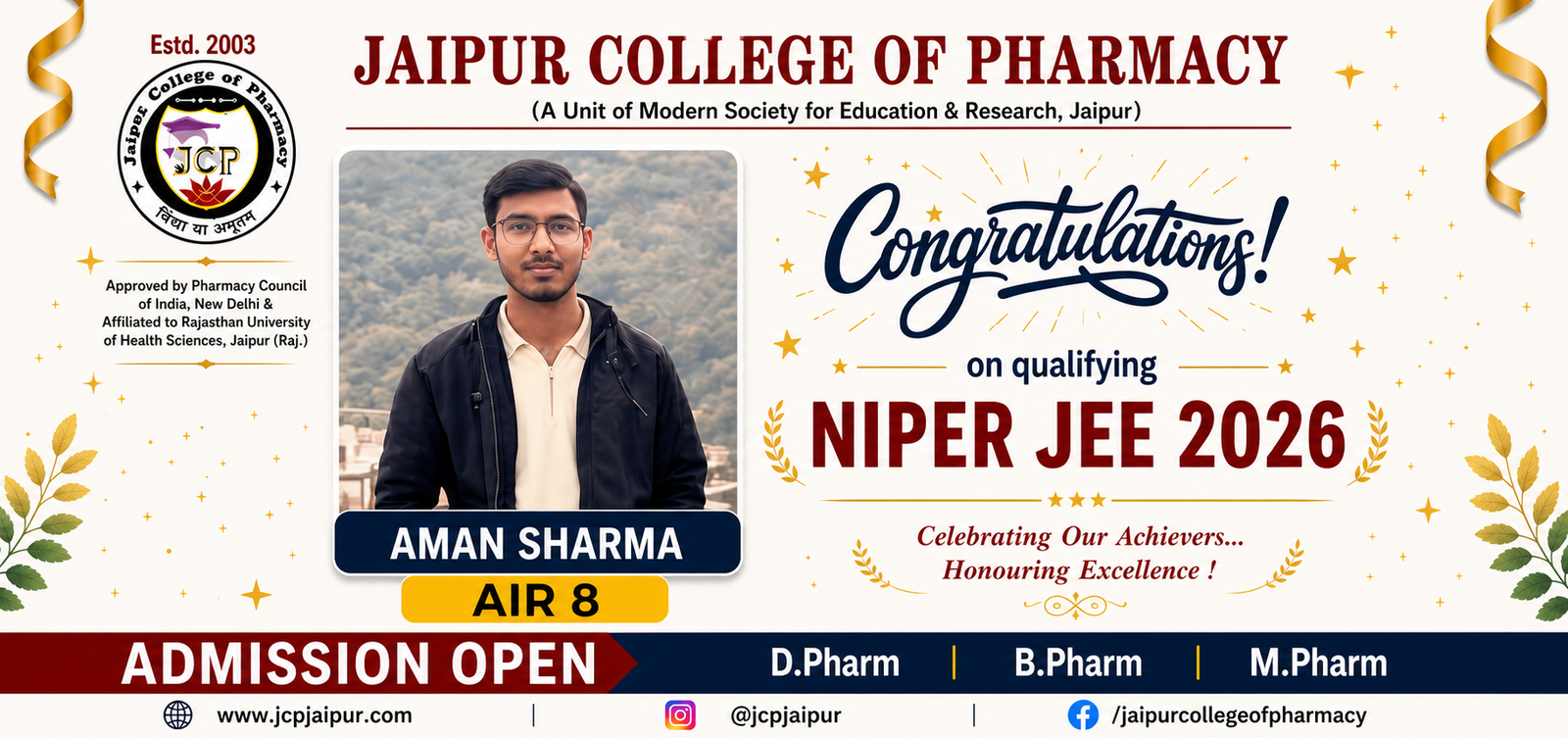 Jaipur College of Pharmacy Aman Sharma NIPER JEE 2026 achievement banner