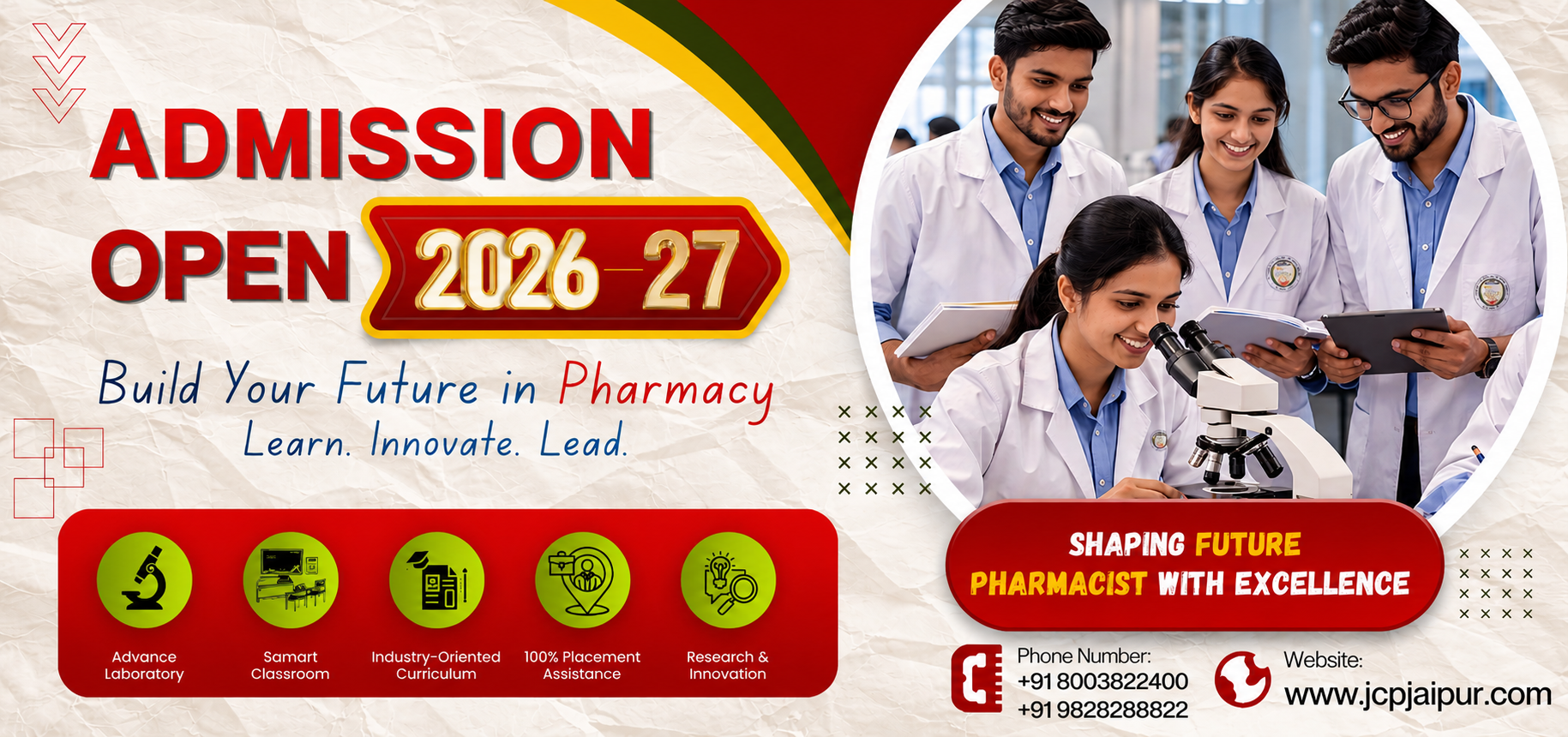 Jaipur College of Pharmacy admission open 2026 to 2027 banner