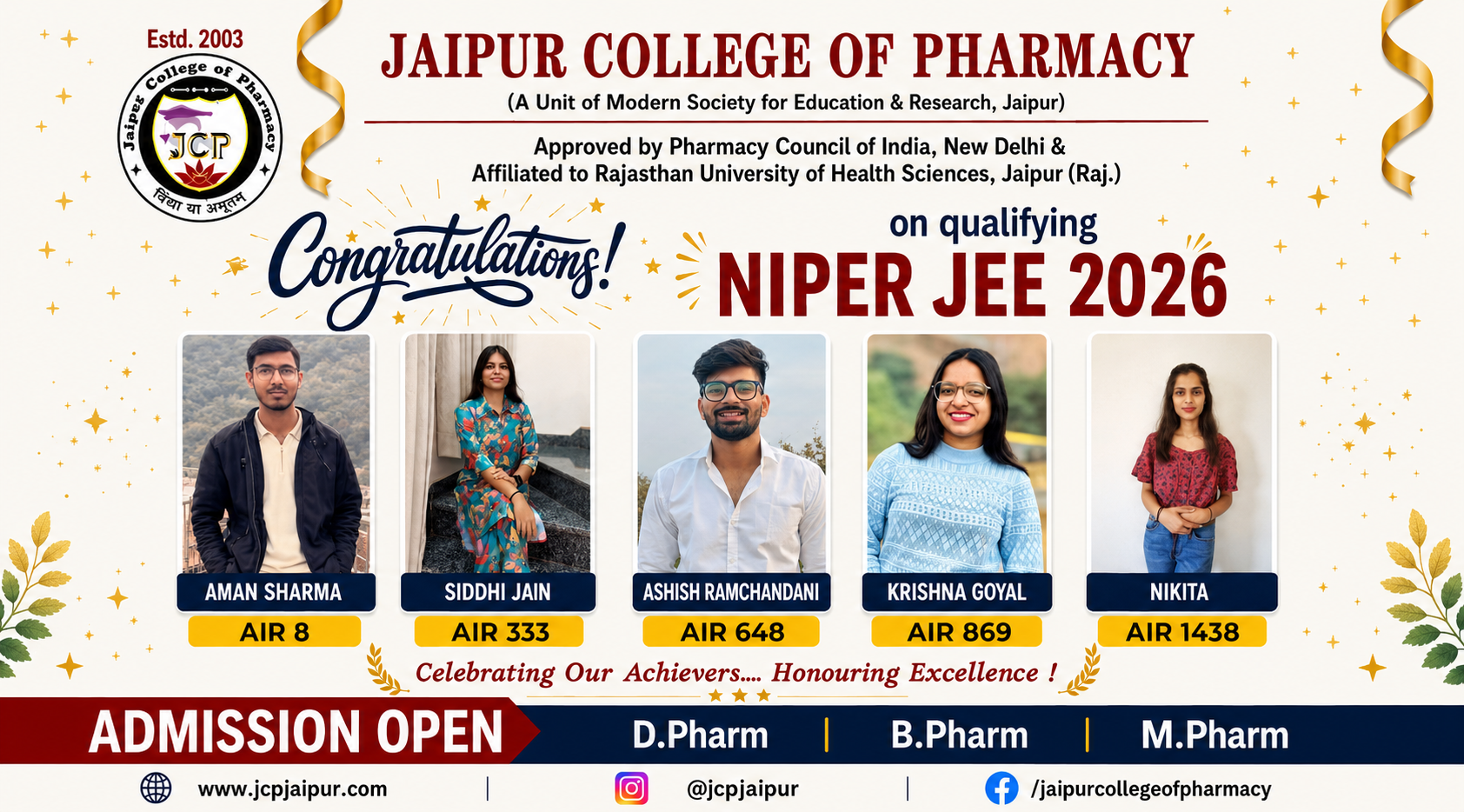 Jaipur College of Pharmacy student achievement highlight